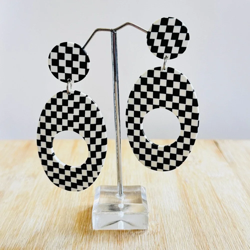 VTG Funky Flashy Checkered Earrings Lucite Runway Rave Dangle 80s Statement Post